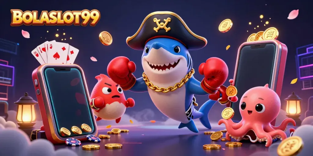 BOLASLOT99 interactive casino illustration showcasing a pirate shark, pufferfish, and octopus amidst colorful slot elements.