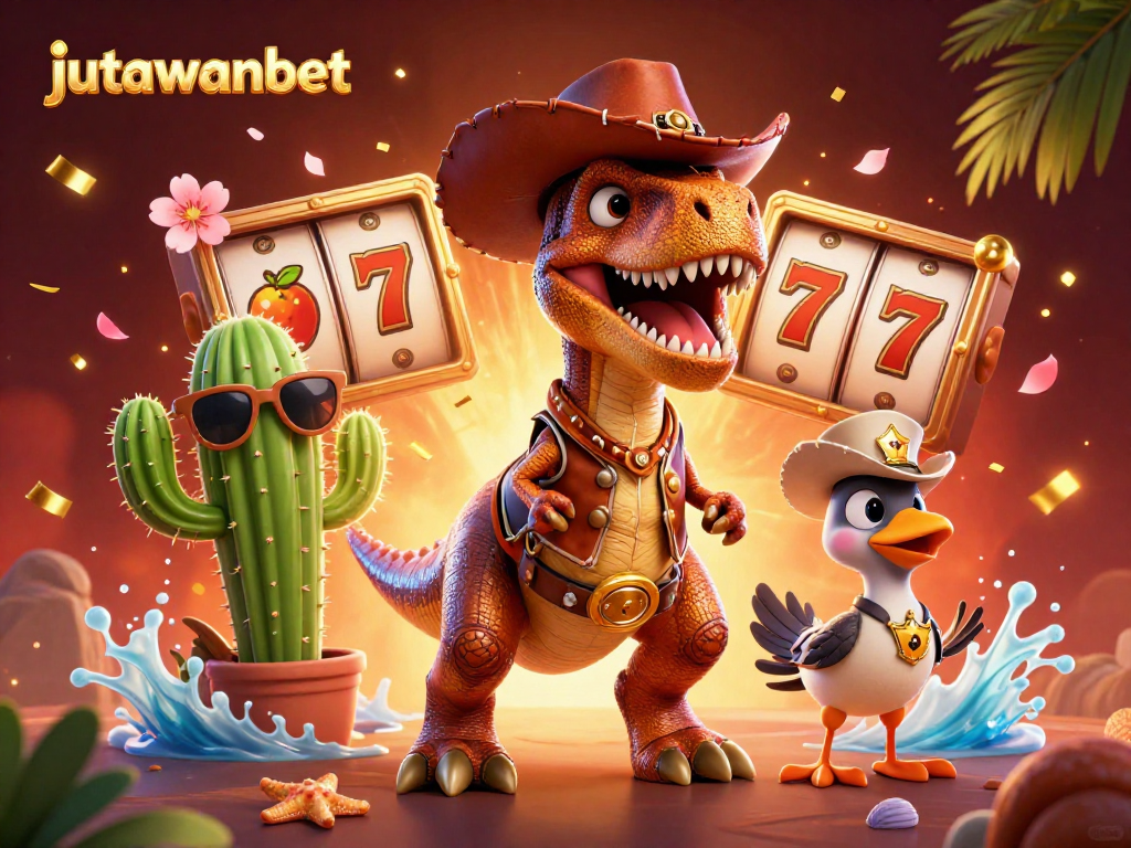 Spin to win with jutawanbet—3D cartoon slot game scene featuring exciting characters and symbols.