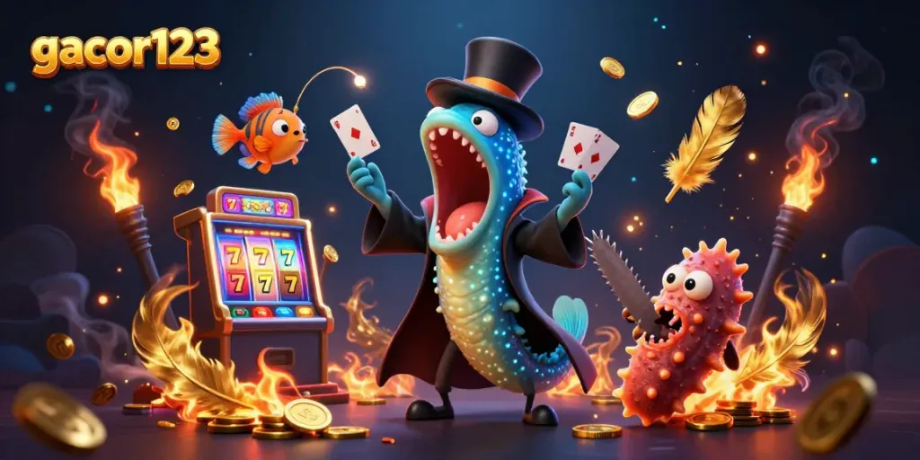 Gacor123 live jackpot featuring animated deep-sea creatures performing magic tricks in a vibrant casino scene