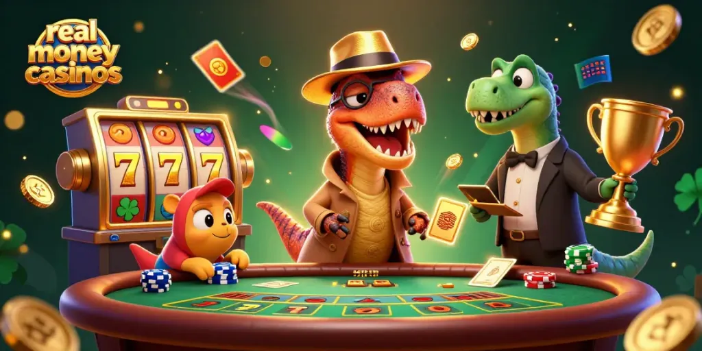 Real money casinos illustration with a velociraptor card counter and dynamic slot game elements.