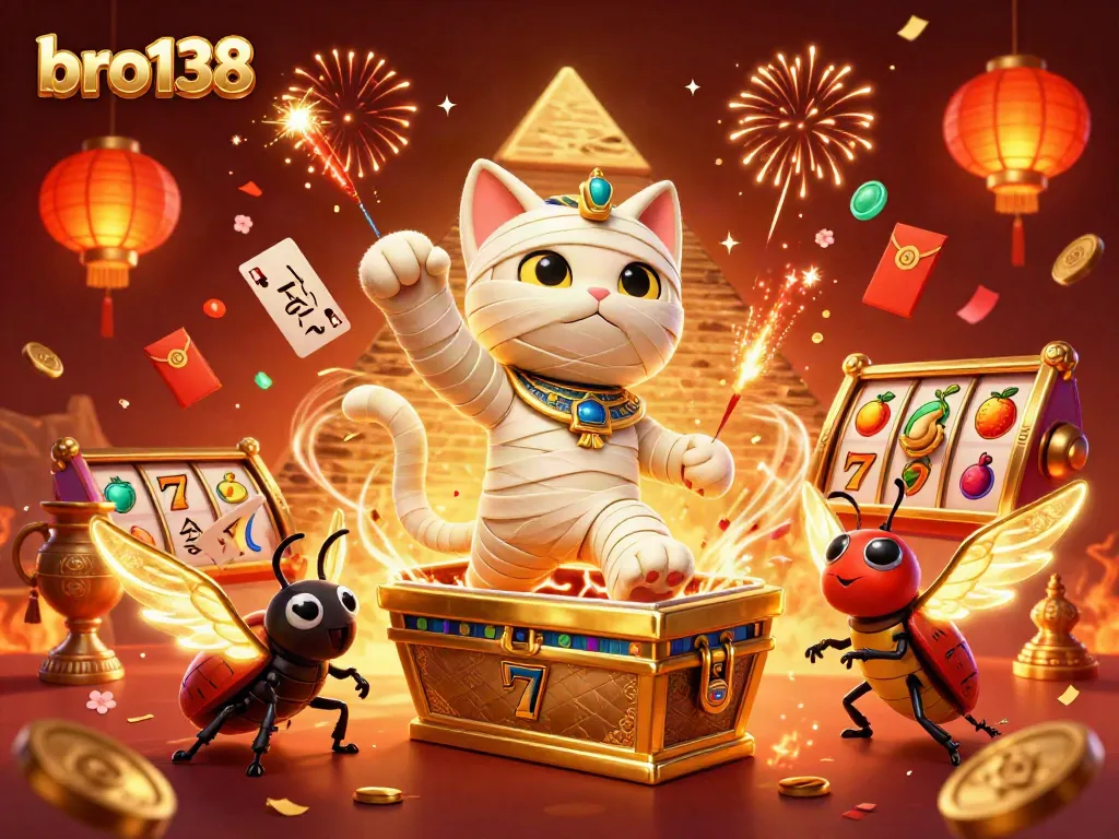 Experience the immersive excitement of bro138 with a vibrant Egyptian-themed slot scene featuring unique characters and elements.