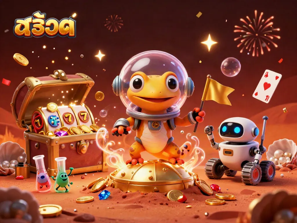 Experience excitement in this 3D casino scene featuring a Martian gecko exploring a vibrant slot game.