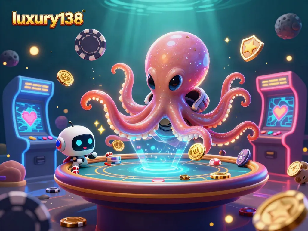 Experience excitement with luxury138 as a playful alien octopus deals cards at a floating poker table amidst gaming joy.