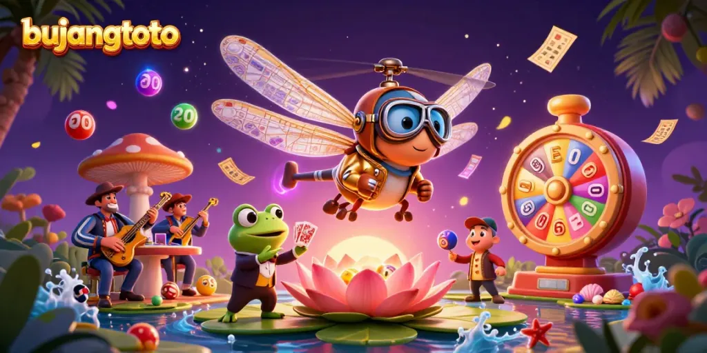 Engage with bujangtoto as the dragonfly casino pilot hovers above a colorful gambling scene filled with lively game elements.