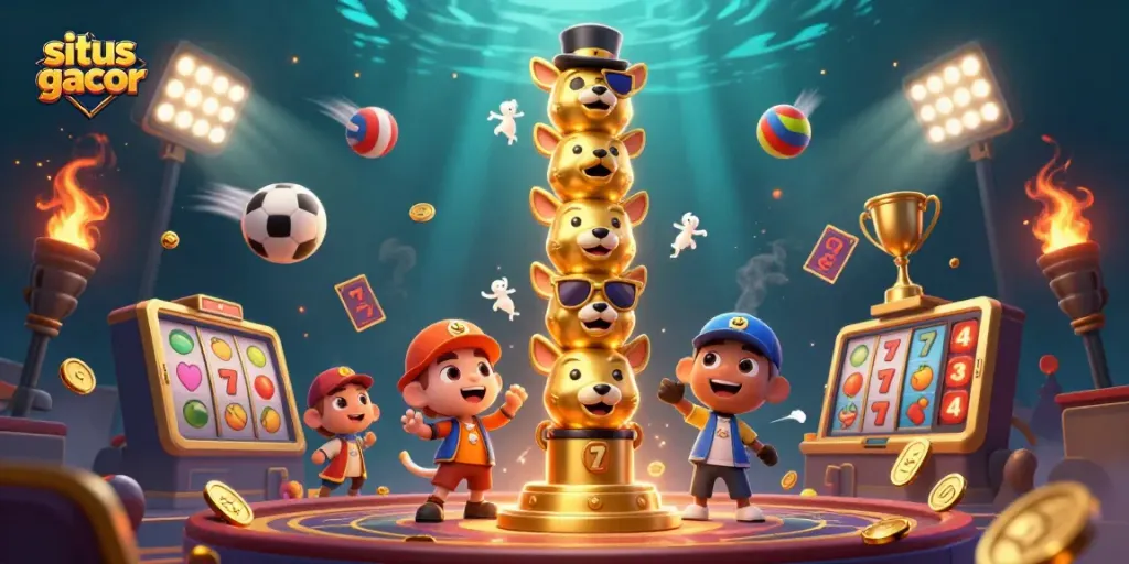 situs gacor showcases vibrant 3D gaming elements including a golden totem pole, sports balls, and dynamic betting visuals, offering a festive casino experience
