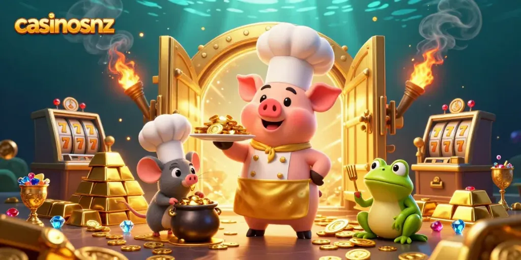 Join the fun with casinosnz as this charming chef pig serves gold coins amidst slot machines and treasure!
