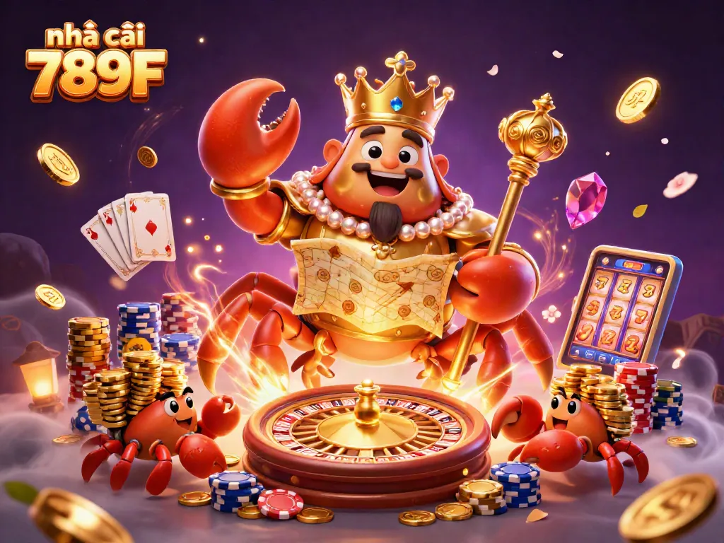 Play and win at nhà cái 789F with a vibrant casino scene featuring a majestic crab emperor and rich gaming elements.