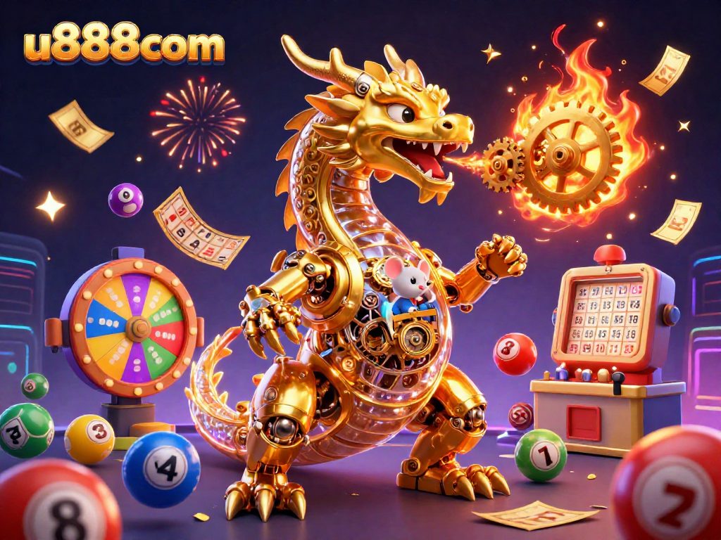 Join the excitement at u888com with a vibrant casino scene featuring a golden dragon and colorful lottery elements.
