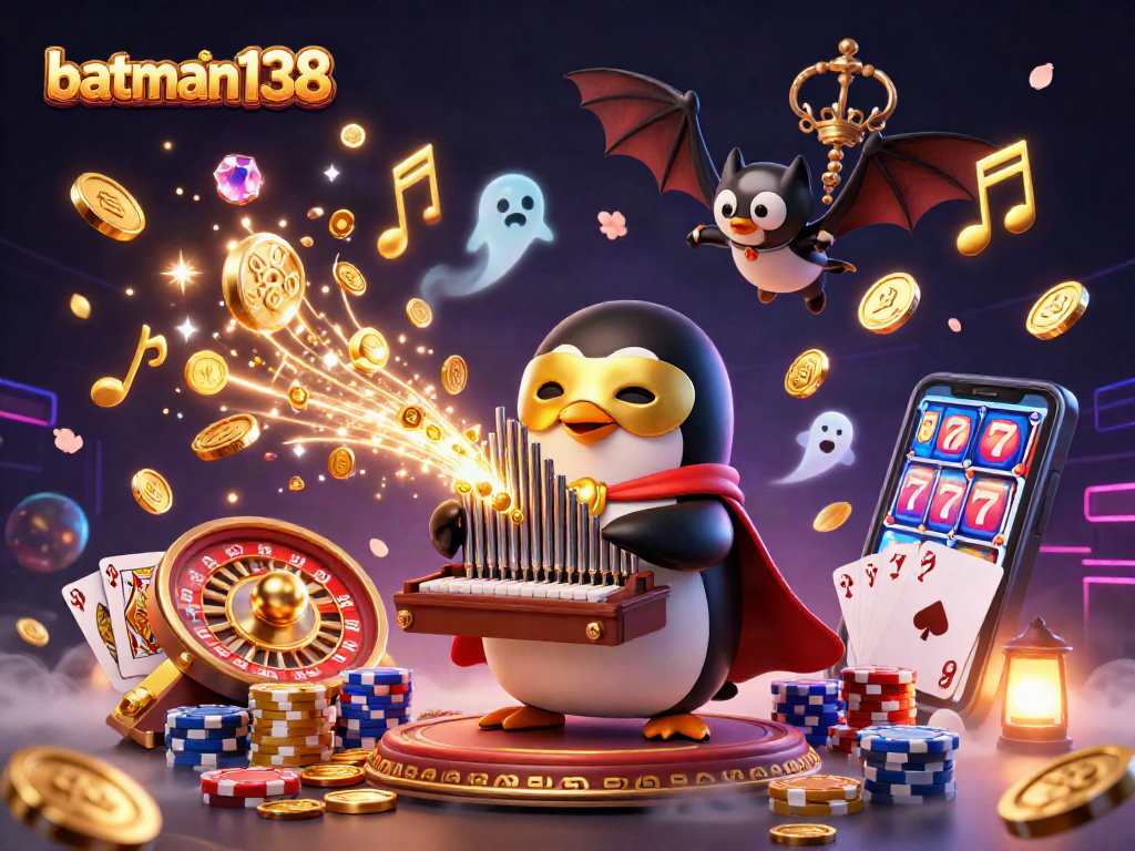Experience batman138 casino thrills with animated penguin playing organ amidst gold coins and gems.