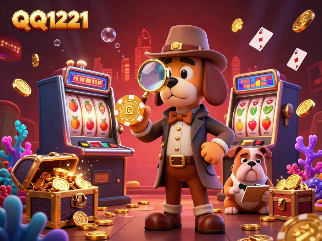 Play thrilling QQ1221 slot games with energetic visuals featuring golden poker chips and cartoon characters.