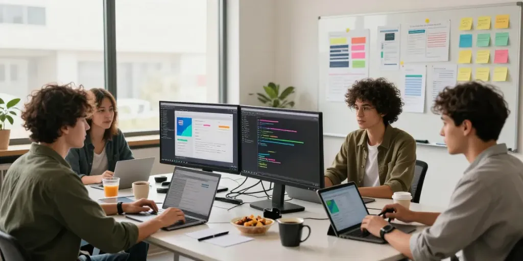 Collaborative team working on mvp development service in a modern workspace with vibrant UI/UX designs.