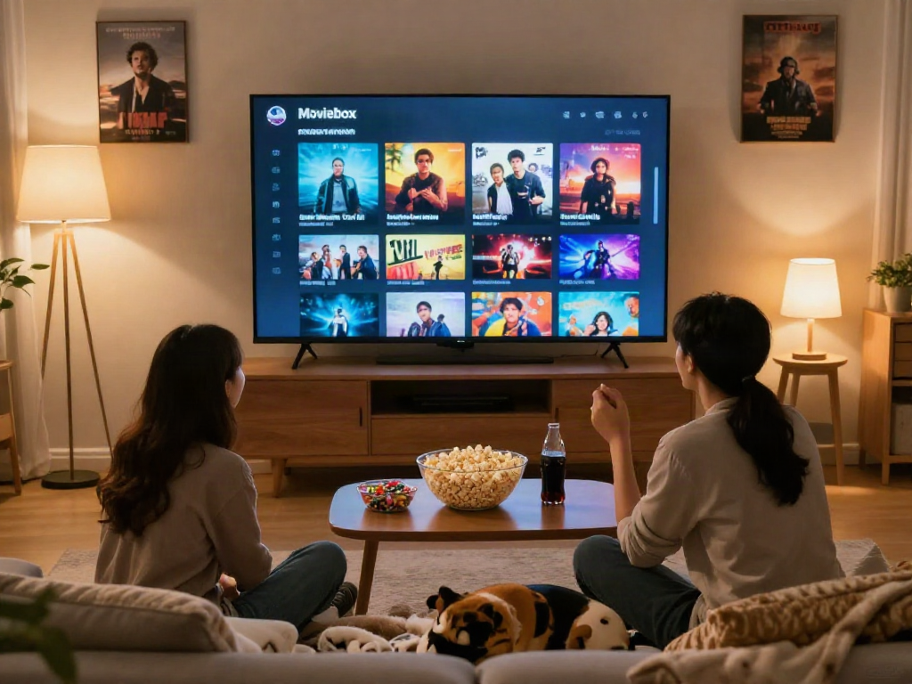 Couple watching movies on the Moviebox app in a cozy living room