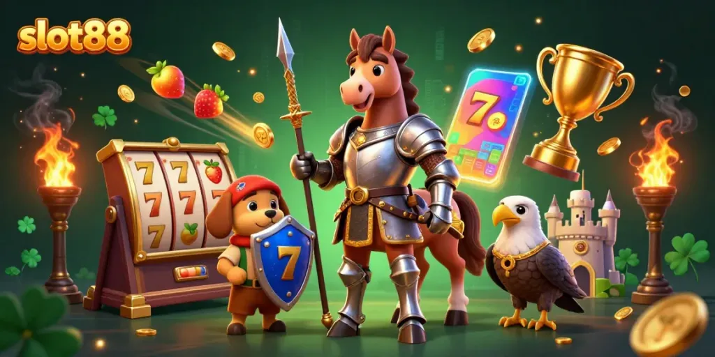 Engage in thrilling slot88 gaming with dynamic characters and vibrant slot elements.