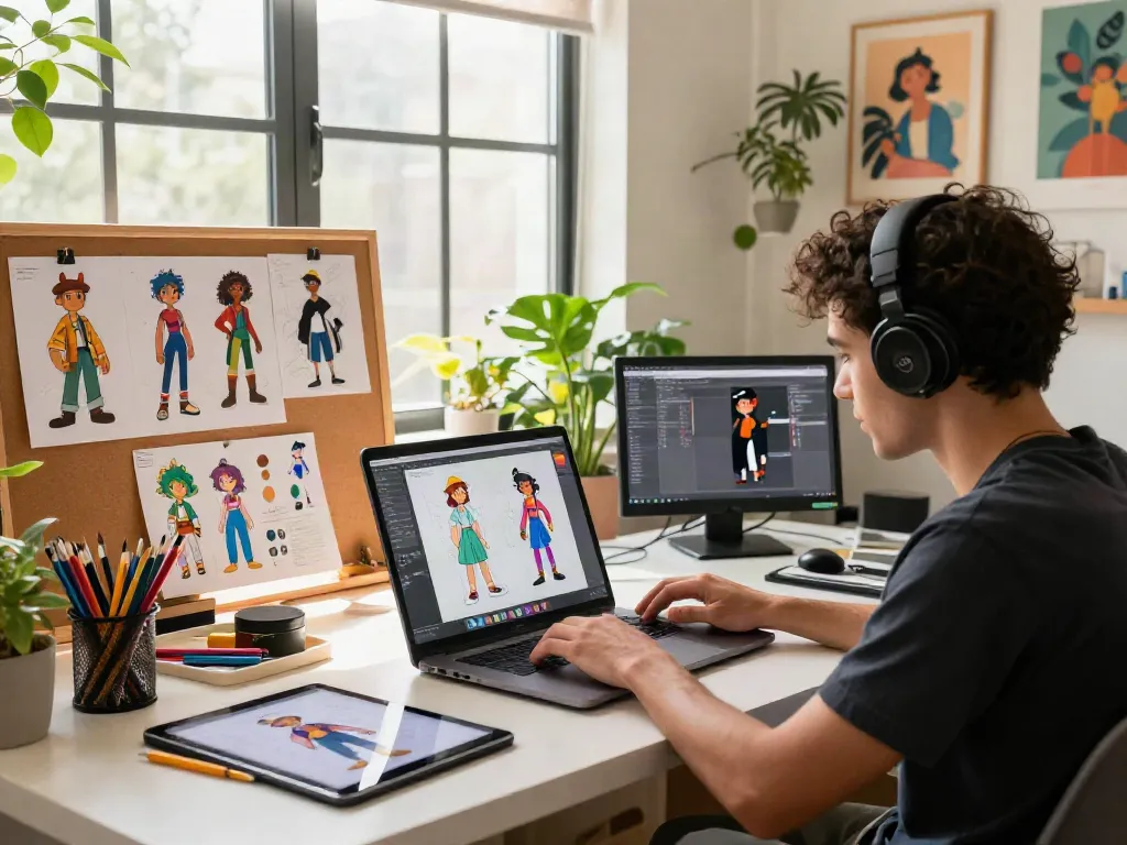 Artist utilizing a consistent character generator in a bright creative workspace, surrounded by colorful art supplies and digital sketches.