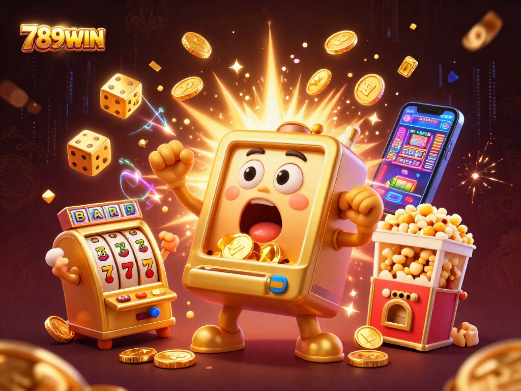 Play exciting games at 789WIN with a golden slot machine celebrating a jackpot win, surrounded by cheering characters.