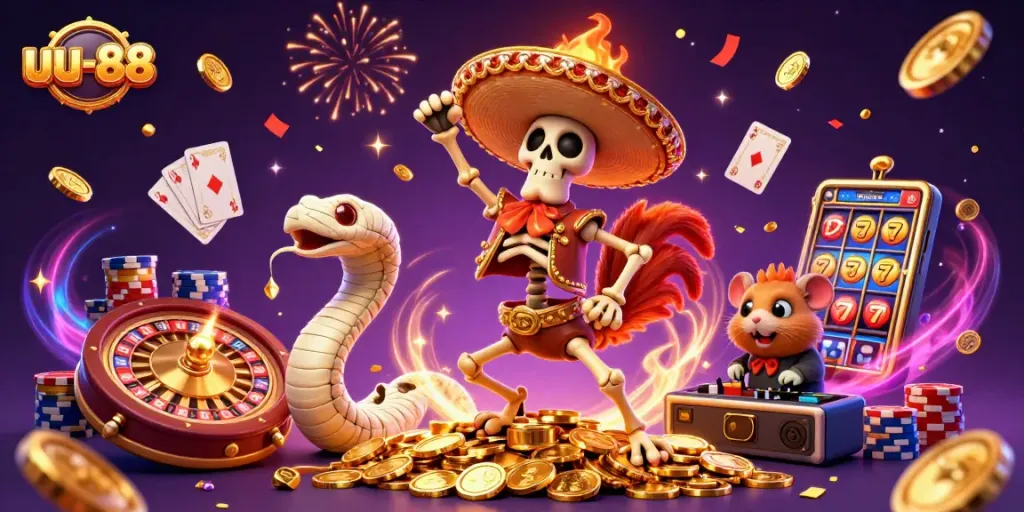 Play exciting games at uu-88 while enjoying a vibrant 3D casino scene full of thrilling action.