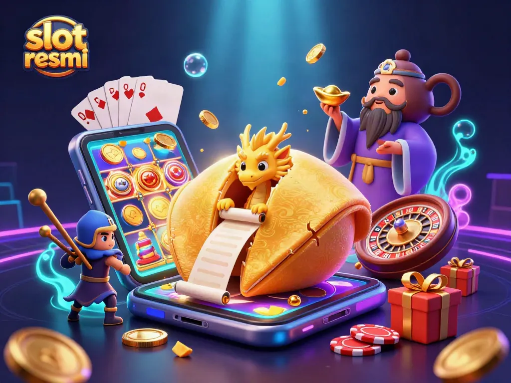 Spin and win at slot resmi with a vibrant 3D casino scene featuring golden coins and colorful slot action.