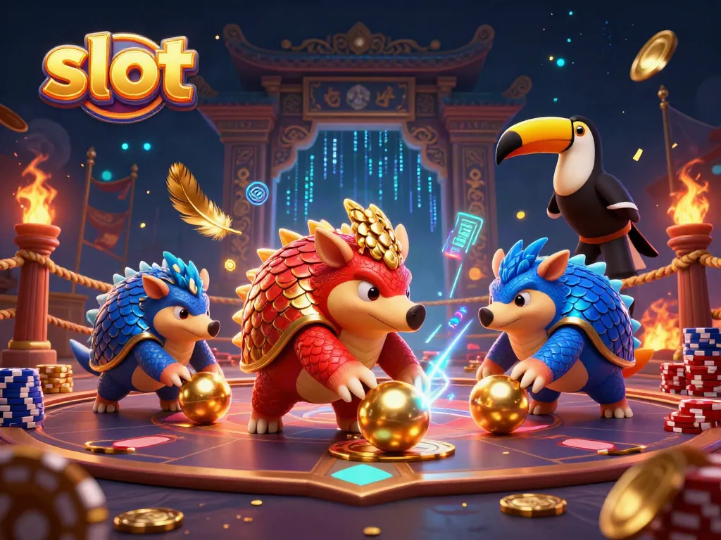 Engage in slot action with cartoon pangolins excitedly rolling through poker chips in a vibrant casino scene.
