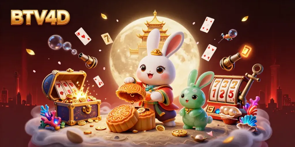 Gambarkan BTV4D dengan kelinci bulan yang memukul kue bulan emas untuk mendapatkan chips poker.