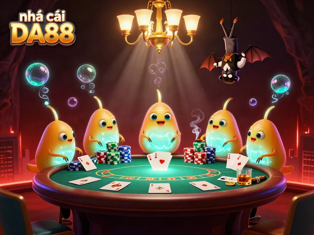 Experience the thrill of nhà cái DA88 with glowing characters in a vibrant casino scene, showcasing poker elements.