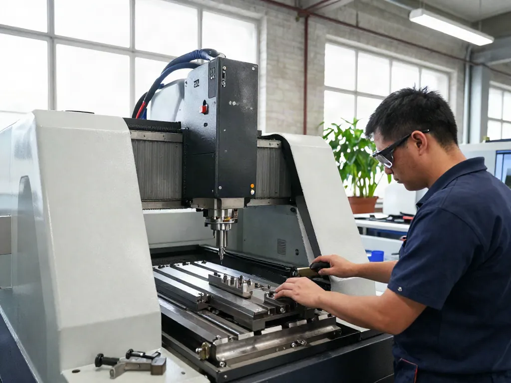 CNC machining parts manufacturer at work, showcasing precision machinery and skilled technician.