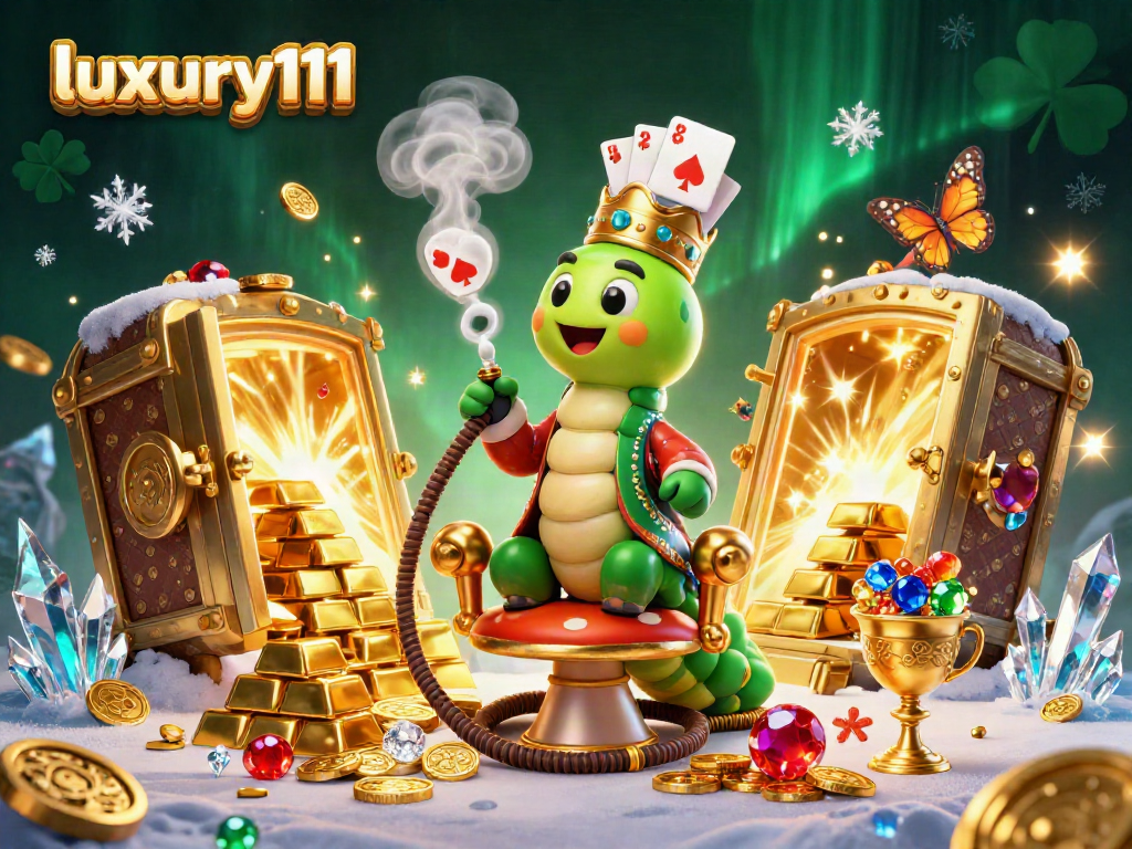 Engage with luxury111 in a vibrant casino scene showcasing a cartoon caterpillar hookah-master and golden treasures.