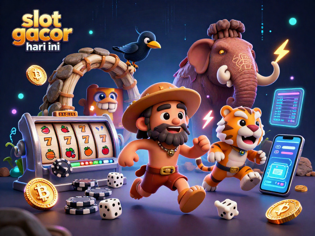 Spin slot gacor hari ini with a creative caveman and sabertooth tiger in an exciting casino scene.