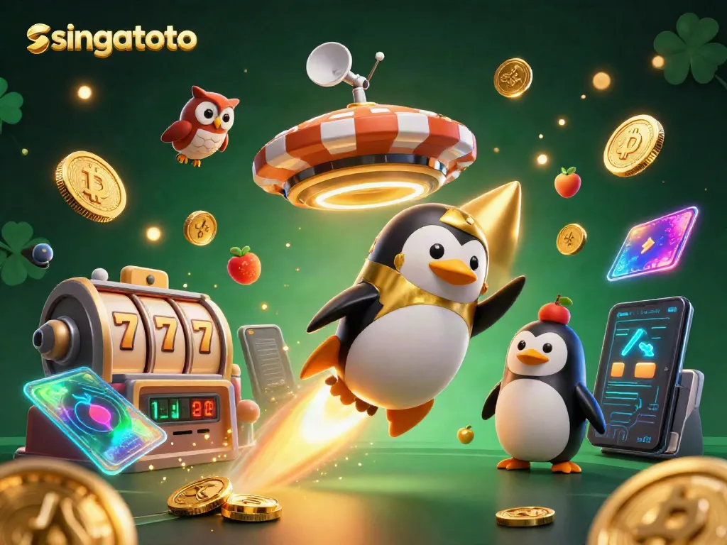 Experience the excitement of singatoto with a dynamic scene featuring a golden penguin and casino elements.