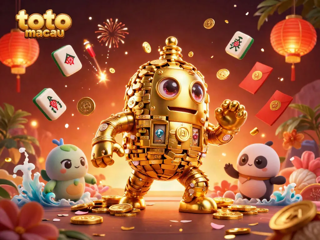 Experience the dynamic excitement of toto macau with this vibrant 3D illustration showcasing a golden golem amidst festive symbols.