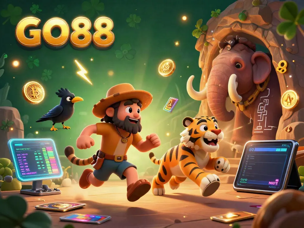 Engage in the thrilling atmosphere of GO88 with vibrant casino characters and crypto elements.