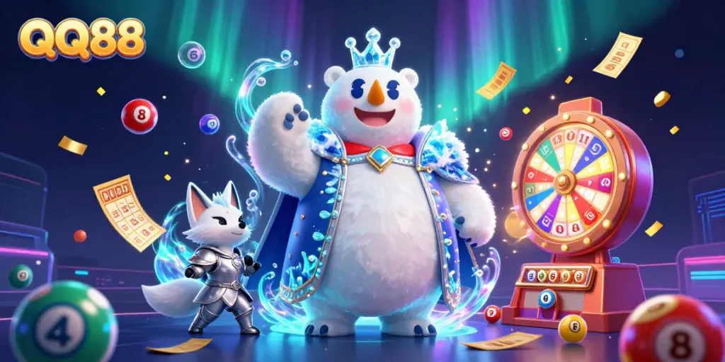 Engage in thrilling gaming with QQ88's vibrant lottery chaos and animated characters.