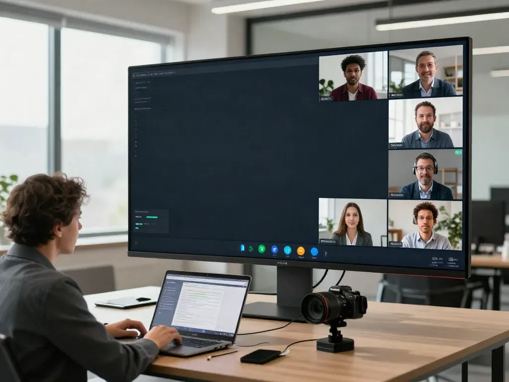 Deepfake free meetings in a modern office setting with diverse professionals collaborating online
