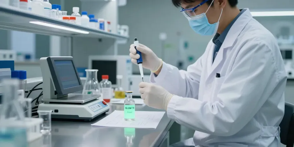 Detailed laboratory scene with a scientist examining GLOW 70 compound for research.