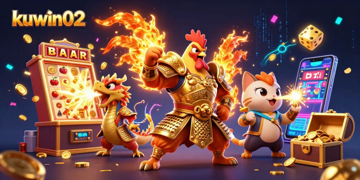 Kuwin02 showcases a 3D cartoon fighting rooster and dragon winning at the casino with a jackpot explosion.