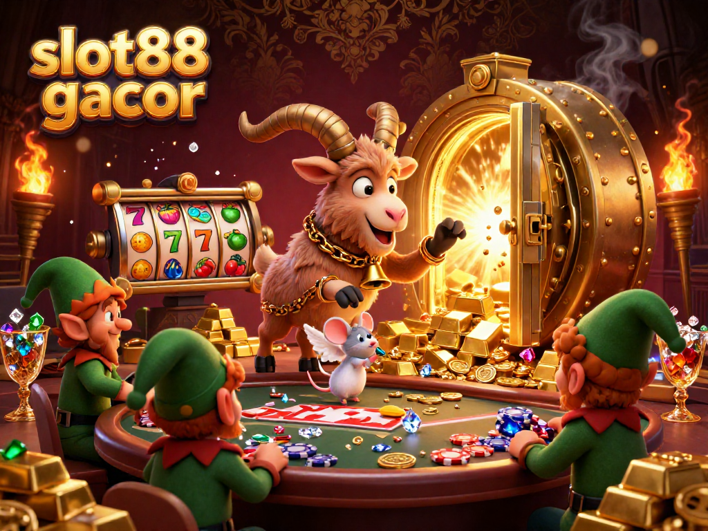 Experience the excitement at slot88 gacor, featuring a lively cartoon Krampus goat in a festive casino scene with playful characters.