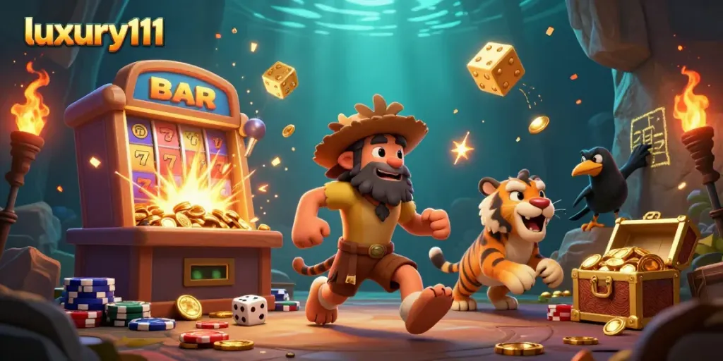Experience elevated gaming with luxury111's dynamic casino scene featuring vibrant characters and exciting elements.