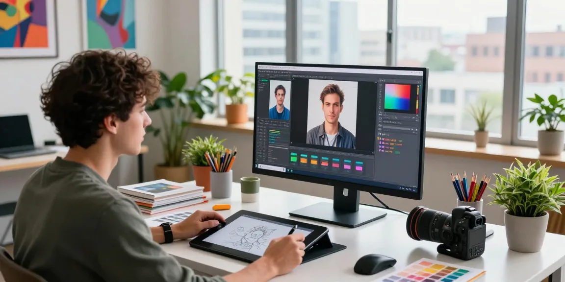 AI Image Detection software in a bright art studio with vibrant designs and tools.