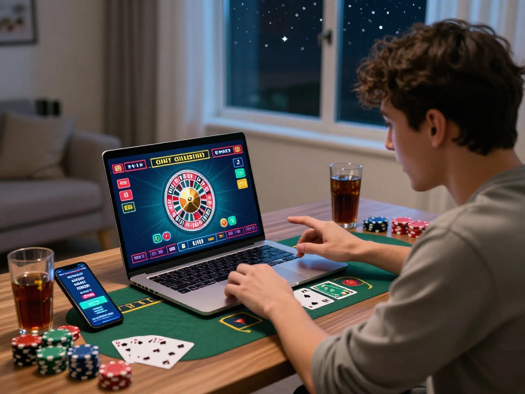 Permainan online bos88 alternatif dengan pengguna di laptop, kartu dan chip poker di meja, suasana malam yang menegangkan.