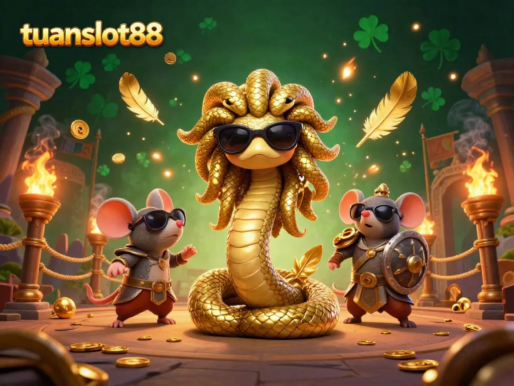 Mainkan tuanslot88 dengan ilustrasi Medusa dan mouse pejuang di arena slot penuh harta.