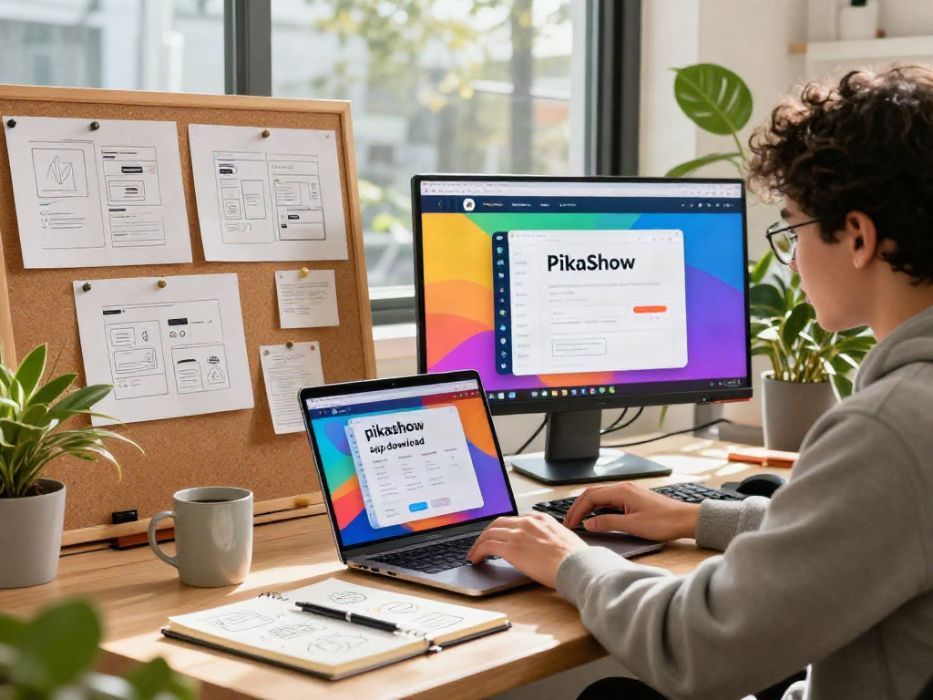 Mobile developer focused on "pikashow apk download" in modern workspace