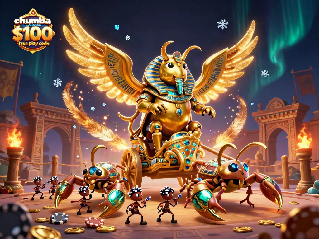 Play with chumba casino $100 free play code for exciting games in a vibrant, 3D illustrated scene.