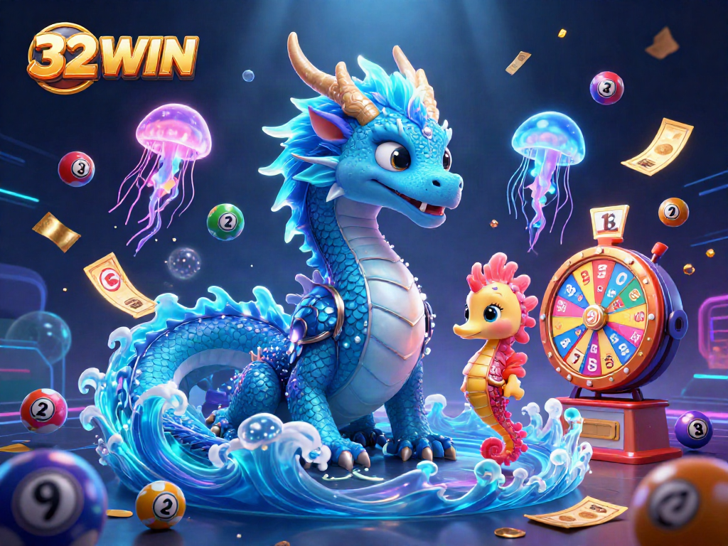 Experience thrilling moments with 32WIN as a water dragon interacts with lottery elements in this vibrant casino scene.