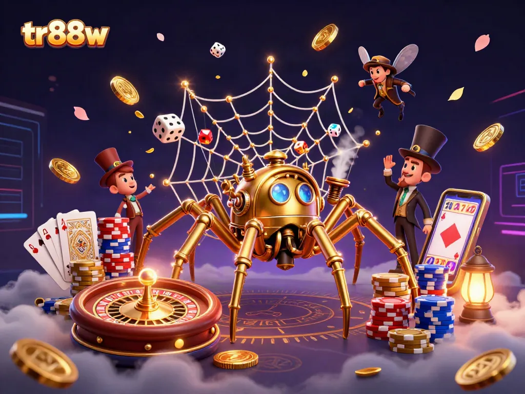 tr88w captures an exhilarating casino scene with a golden spider and vibrant game elements.