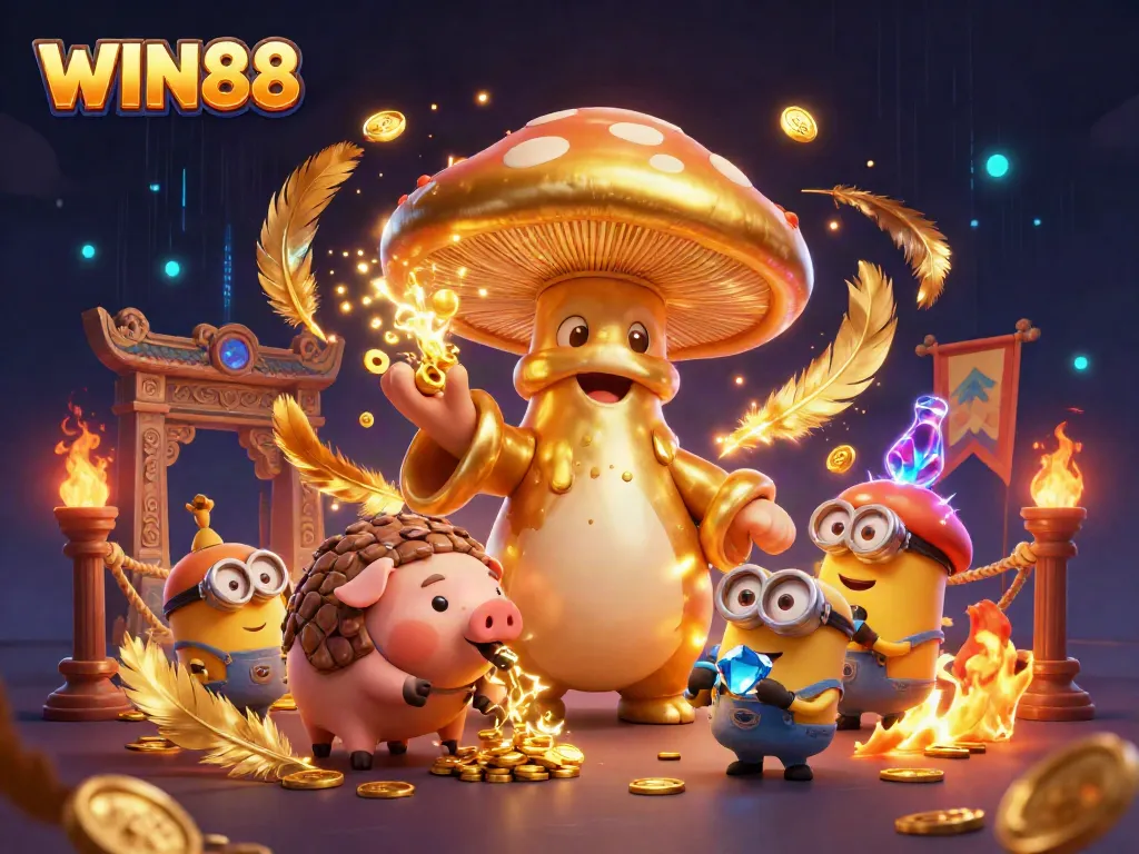 Engage with the vibrant action of WIN88 in this 3D illustration packed with casino elements and magic.