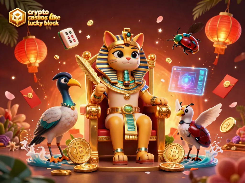 Engage with crypto casinos like Lucky Block in a vibrant 3D scene filled with gold and gambling elements.