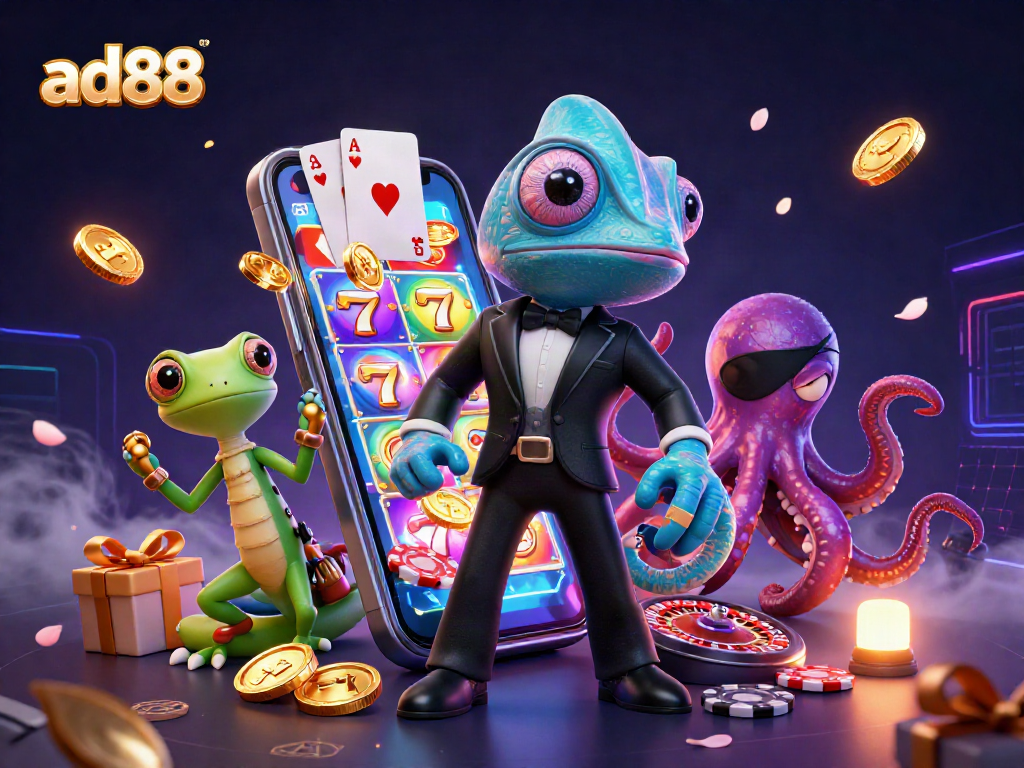 Engage in thrilling slots with ad88 as a colorful chameleon and friends capture the action.