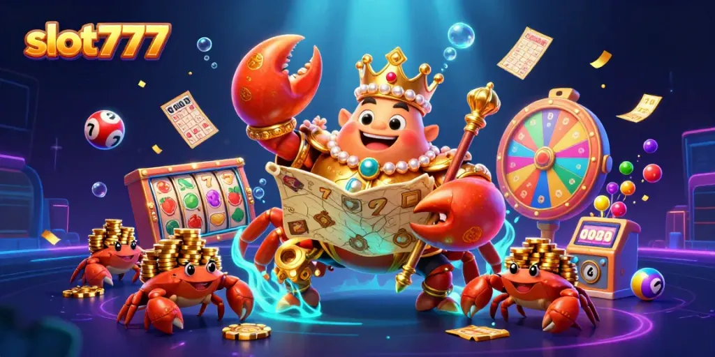 Experience slot777 excitement with a golden crab emperor surrounded by colorful slot elements and lottery symbols.