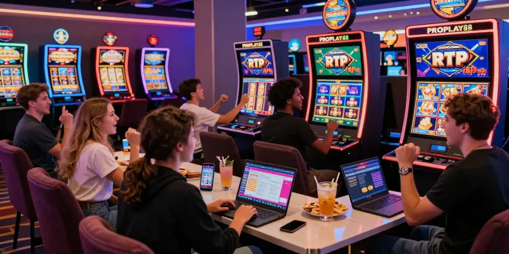 Engaging PROPLAY88 online casino scene with players enjoying RTP slot games, vibrant atmosphere, and exciting gameplay.
