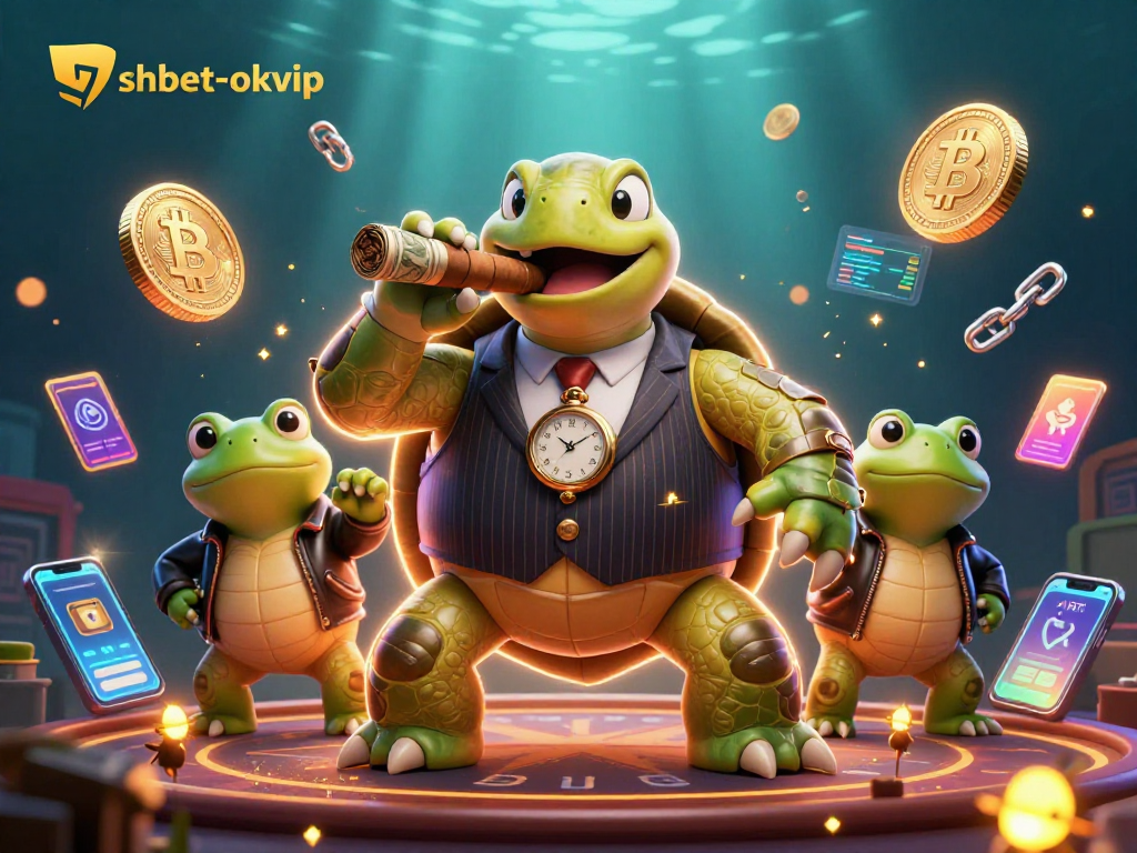Engage in thrilling fun at SHBET OKVIP with a cartoon turtle flaunting luxury amidst cryptocurrency excitement.