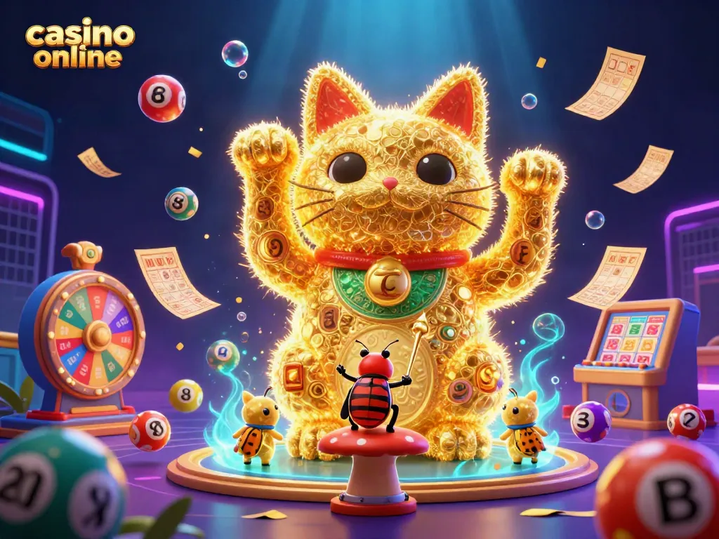 Engage with vibrant lottery themes and a lucky cat at a lively casino online atmosphere.